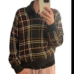 Babe Didrikson Plaid Shawl Neck 1/4 Sweater pullover Black Brown Cotton Vtg  L